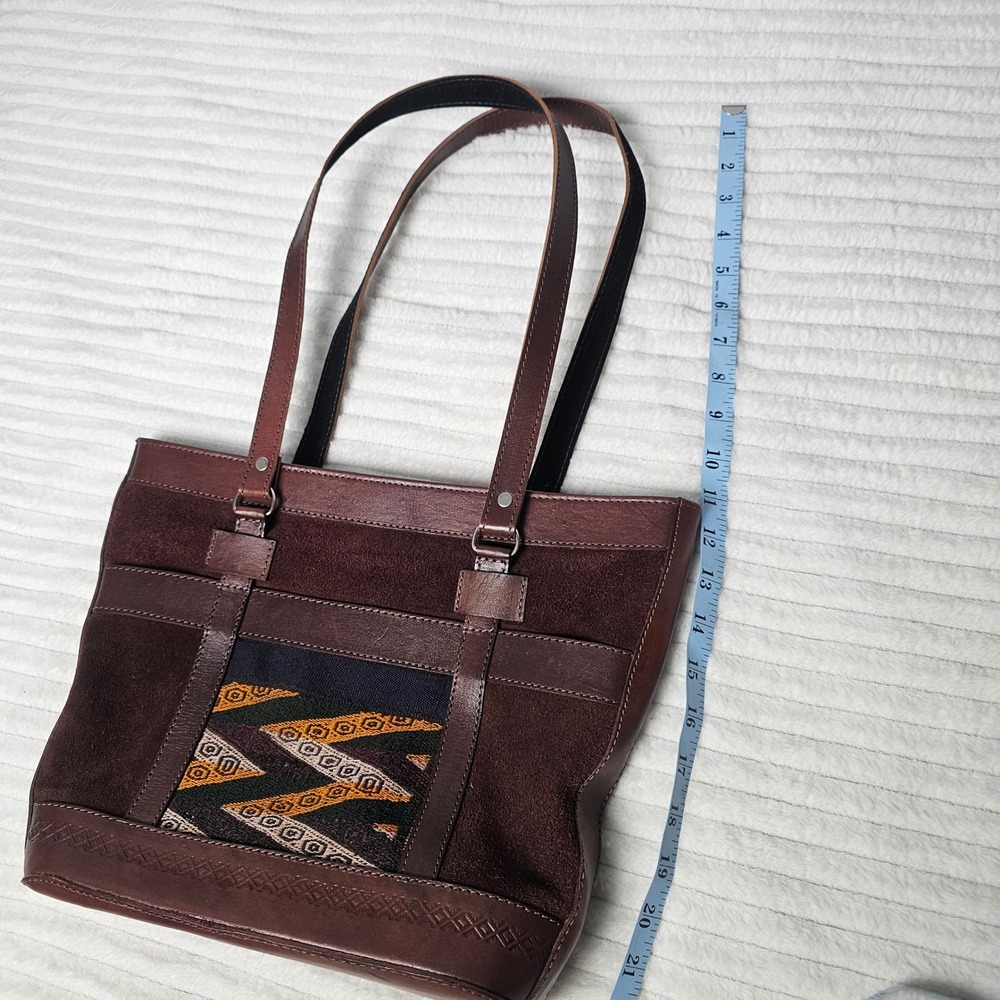 Handmade Bolivian Leather Suede Tote Bag Brown Geometric Woven Textile Artisan‎ - Picture 6 of 12